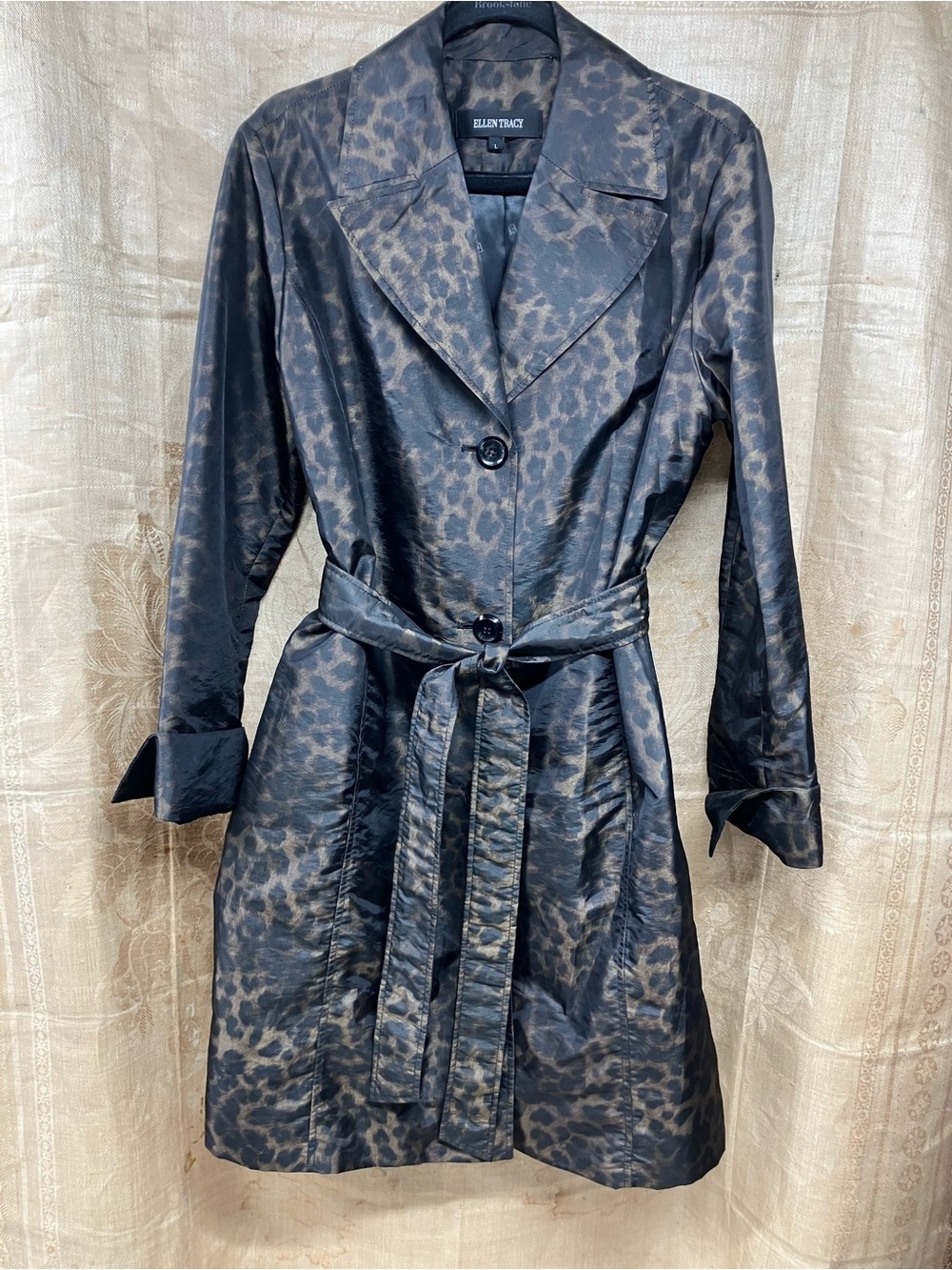 Ellen Tracy Black and Brown Leopard Print Trench Coat